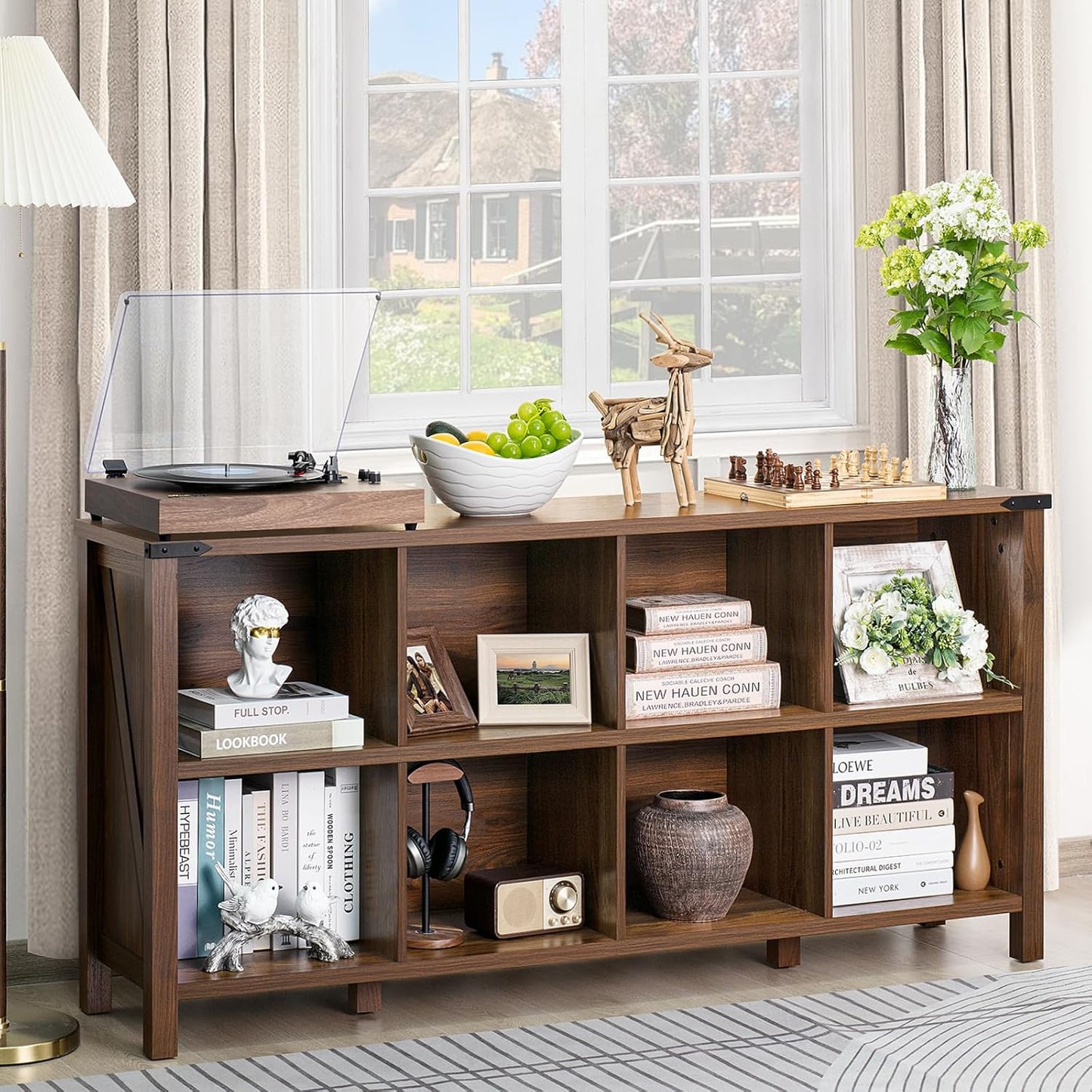 8 Cube Book Shelf, Farmhouse Wood Long Storage Organizer Bookcase, 62" Horizontal Brown Walnut Console Closet Bookshelf, Hallway TV Stand for Entryway, Display Cabinet Book Case for Office