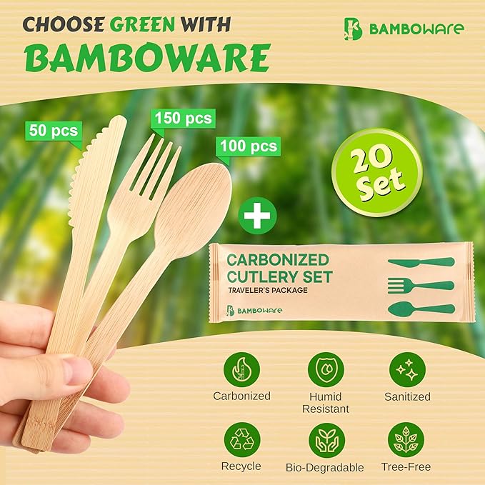 100% Bamboo Utensils - 360PCS Combo Pack Carbonized Disposable Cutlery Biodegradable and Sanitized - Heavy Duty & Fully Functional