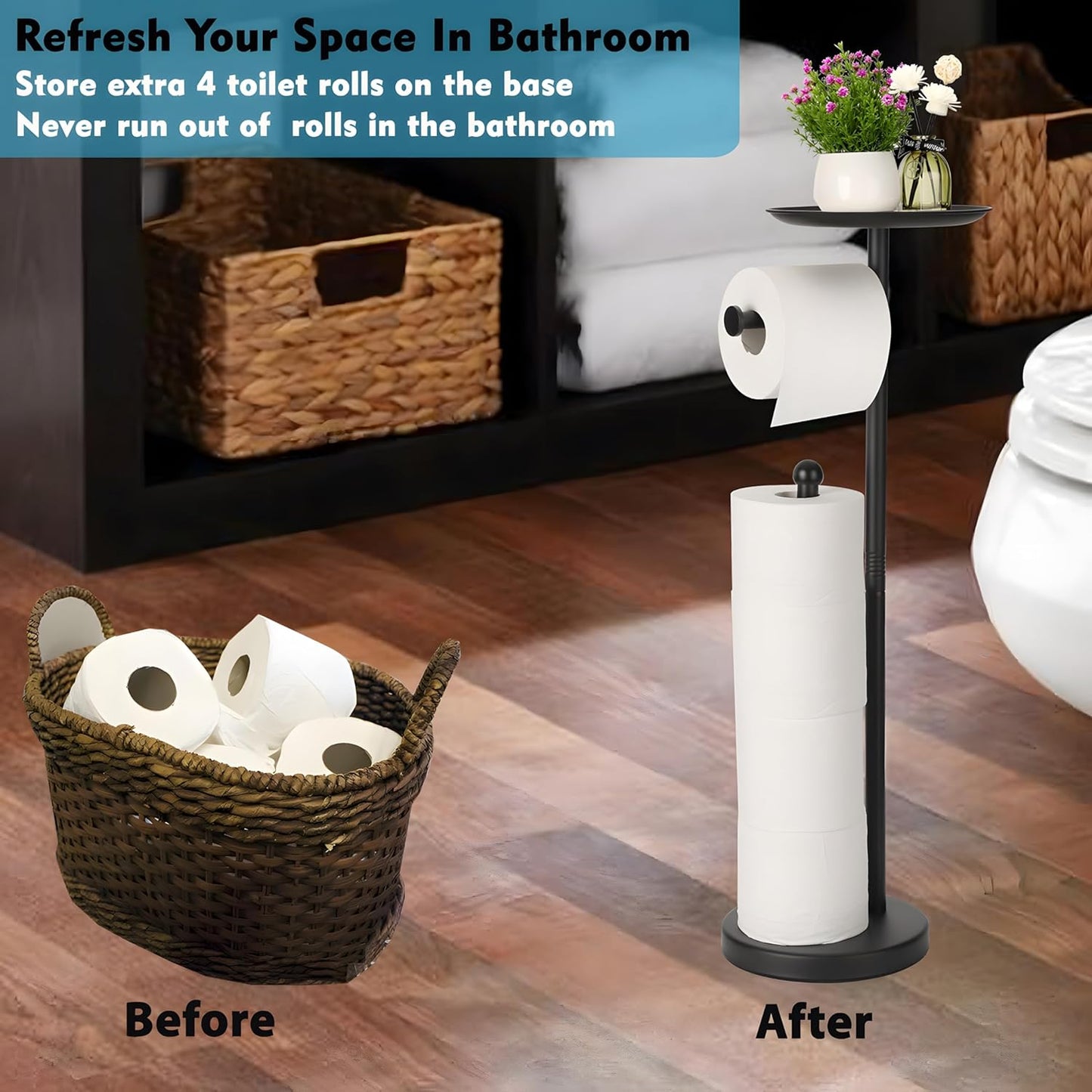 Noonext Black Toilet Paper Holder with Shelf, Freestanding Toilet Paper Holder Stand with Tray at The Top, Heavy Base No Tipping Over (Stainless Steel, Black)