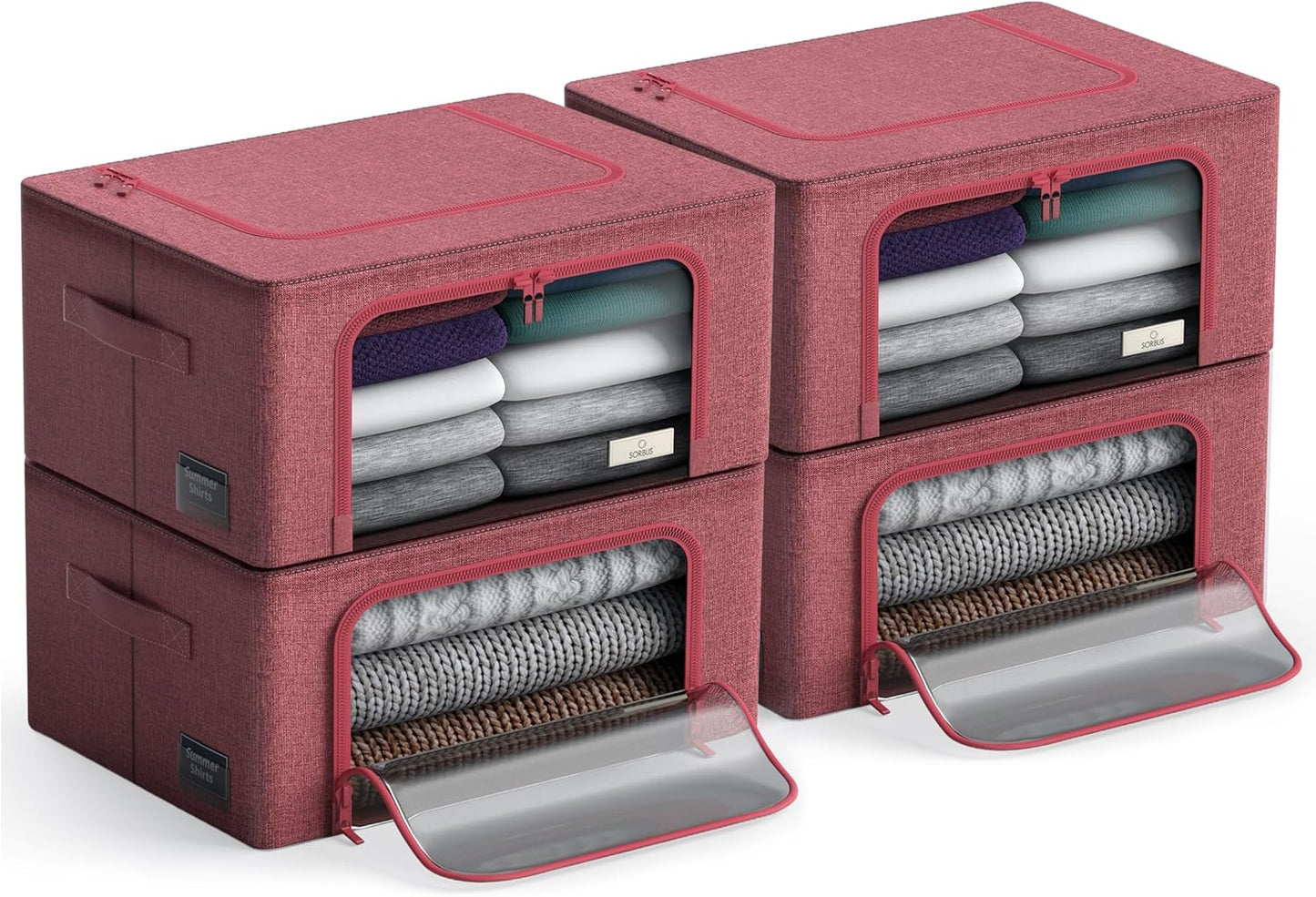 Sorbus Storage Bins with Metal Frame - Stackable & Foldable Clothes Organizer Bags - Oxford Fabric Storage Containers with Large Clear Window & Carry Handles, Bedroom Organization for Bedding & Linen