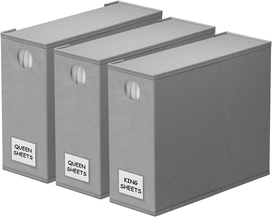 SpaceAid 3 Pack Bed Sheet Organizers and Storage, Foldable Sheet Organizer for Linen Closet, Sheets Set Folder Keeper with Window XL (Queen & King Size) Bedding Container (Gray, 3 Pack)