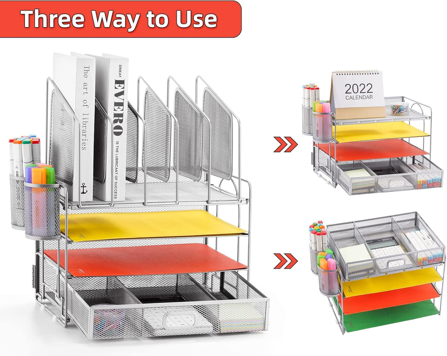 Marbrasse Desk Organizers, 4-Tier Mesh Desk File Organizer with 5 Vertical File Holders and 2 Pen Holders, Multifunction Desktop Organizer,Desk Organizers and Accessories for Home Office (Silver)