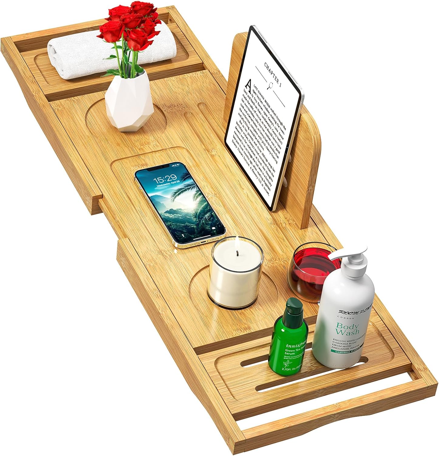 Bathtub Tray Caddy - Bath Tray - Bath Tub Tray Caddy - Bamboo Bath Table Tray for Tub - Expandable Size, Fits Most Tubs