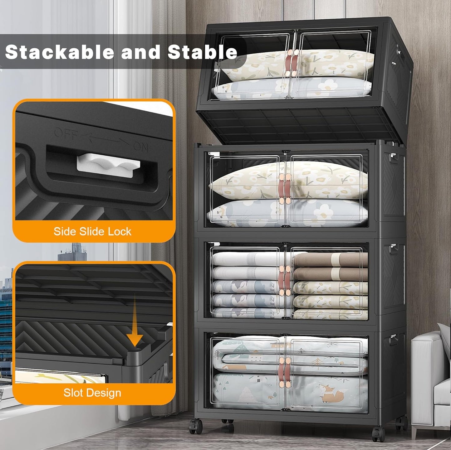 Extra Large Stackable Storage Bins with Lids & Wheels & Door, 1280QT-160QT/40GAL*8Pack Foldable Collapsible Closet Organizers, Plastic containers drawers for bedroom Dorm