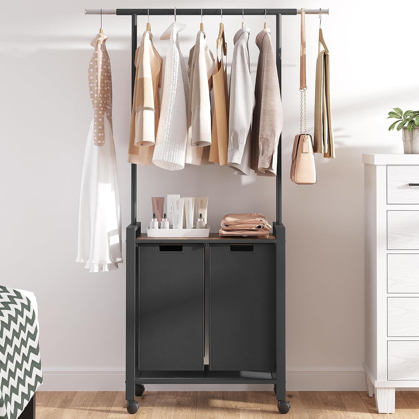 2 Laundry Hamper Sorter with Wheel/Lockable, Laundry Room Organization With Shelf, 42" Hanging Rack+12" Extendable Rod, Laundry Basket for Balcony, Cloakroom