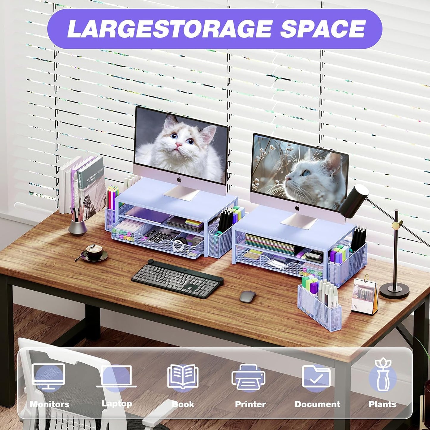 Desk Organizers and Accessories, 2-Tier Computer Monitor Stand Riser with Drawer and 2 Pen Holders, Laptop Stand, Office Desk Accessories for Office Supplies, Blue