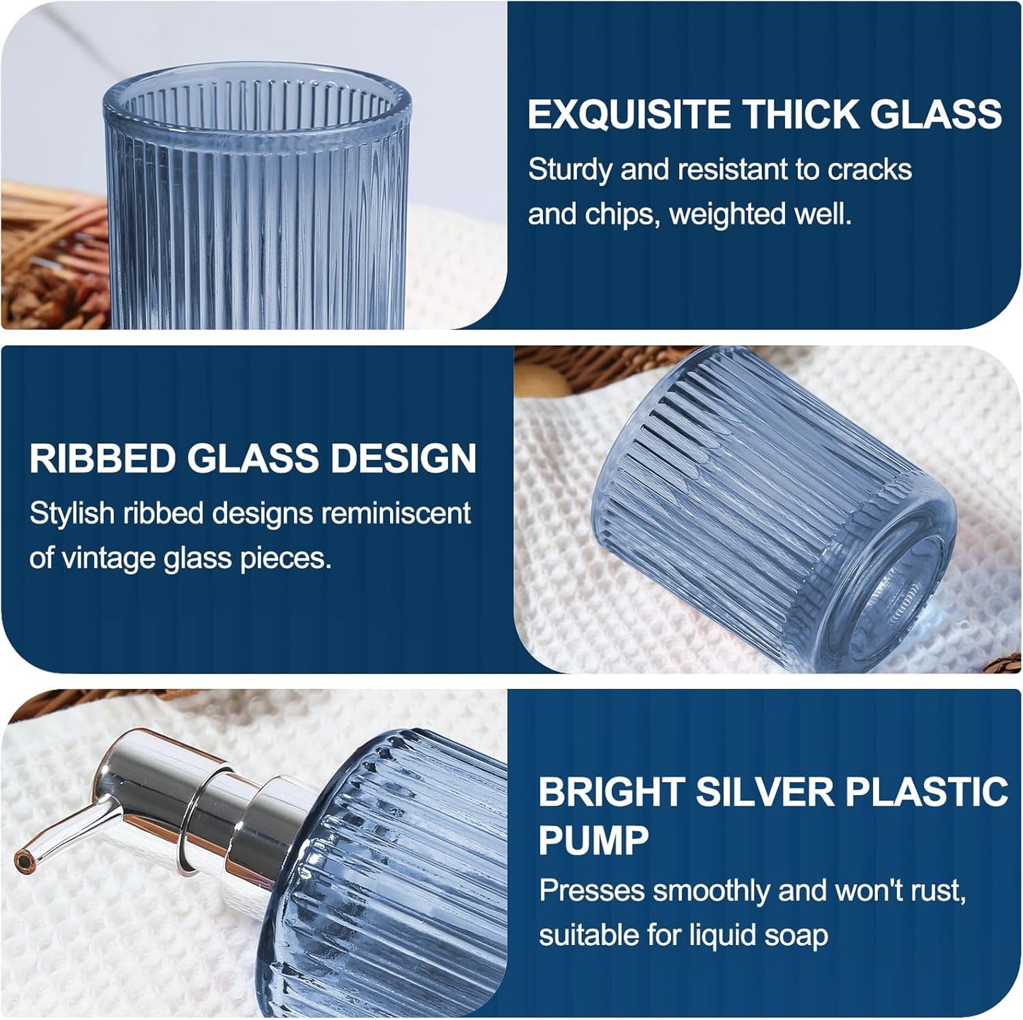 Blue Bathroom Accessories 5 Pcs, Glass Bathroom Accessory Set, Vintage Blue Bathroom Set, Royal Soap Dispenser and Toothbrush Holder Set, Qtip Holder, Small Flower Vase, Modern Bathroom Decor