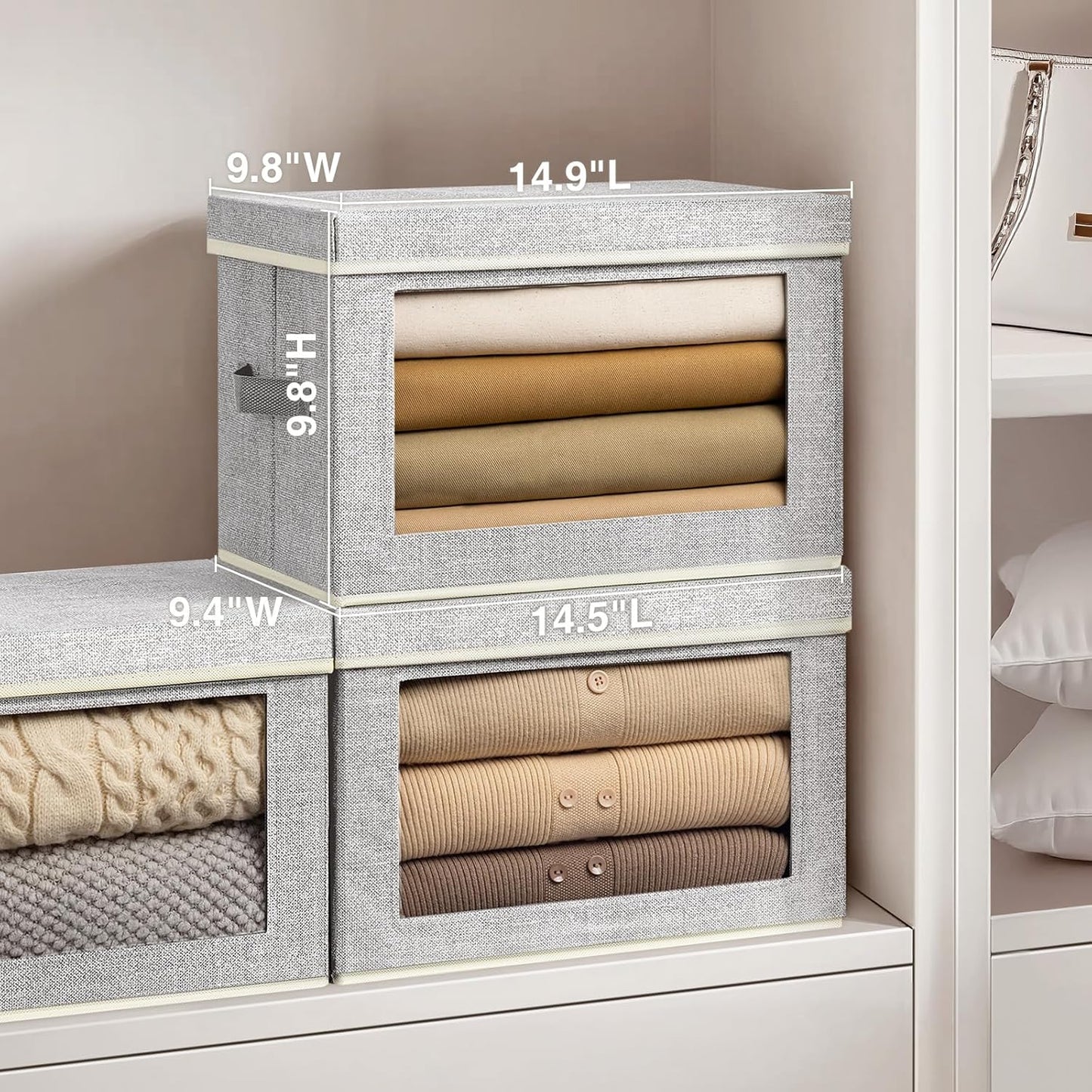 Stackable Storage Bins with Lids - Medium Storage Box with Lids, Foldable Closet Boxes for Organizing, Wardrobe Clothes Organizer with Window, Cubes Bins for Living Room, 5 Pack, Blended