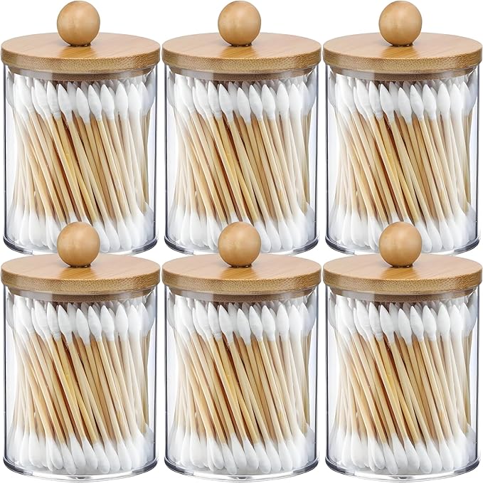 AXX Qtip Dispenser Apothecary Jars Bathroom - Qtip Holder Storage Canister Clear Plastic Jar for Cotton Swab,Q-Tips,Cotton Rounds (Bamboo 6Pcs)