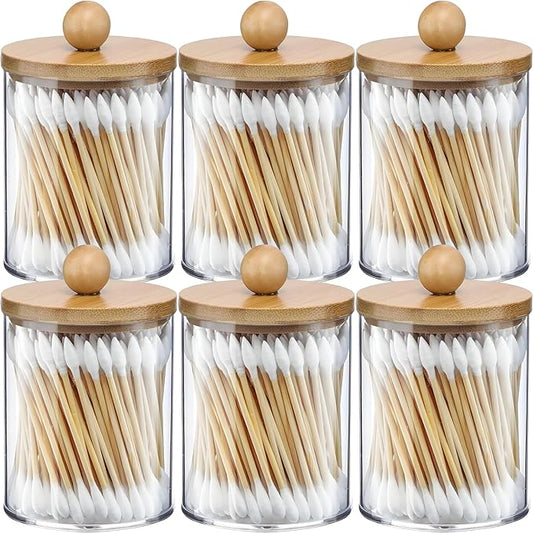 AXX Qtip Dispenser Apothecary Jars Bathroom - Qtip Holder Storage Canister Clear Plastic Jar for Cotton Swab,Q-Tips,Cotton Rounds (Bamboo 6Pcs)