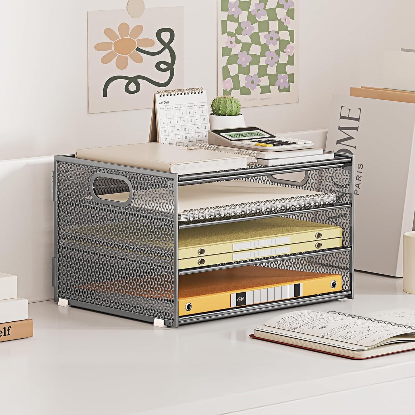 Subekyu Paper Letter Tray Organizer for Desk, Silver Metal Mesh Desk File Folder Sorter Organizer with Handle for Home Office School Supplies Organization