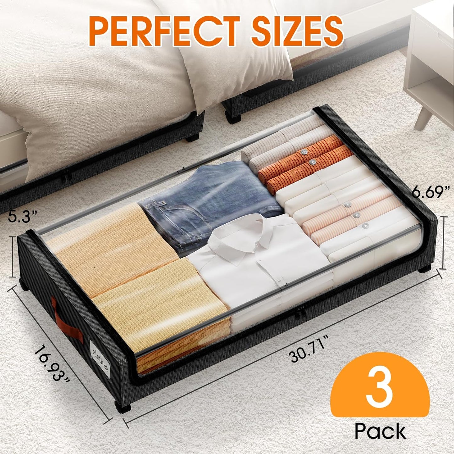 Under Bed Storage with Wheels 3Pack Storage Containers with Clear Window&Label Under Bed Drawers Rolling Under Bed Storage for Clothes,Shoes, Blankets (30.71 x 16.93 x 6.69 in, Black)