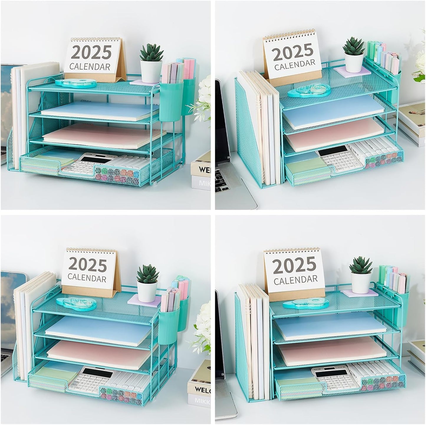 Desk Organizer and Accessories, 4-Tier Desktop File Organizer with Drawer and 2 Pen Holders, Office Desk Accessories, File Sorters, Workspace Organizers for Office Supplies(Teal Blue)