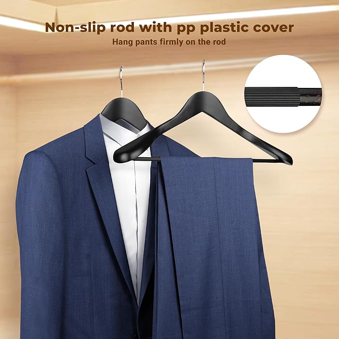 Coat Hanger 8-Pack, MEQUTION Wood Hangers Trouser Hangers Extra Wide Shoulder Wooden Hangers for Heavy Coat, Sweater, Skirt, Suit, Pants, Retro Finish (Black)