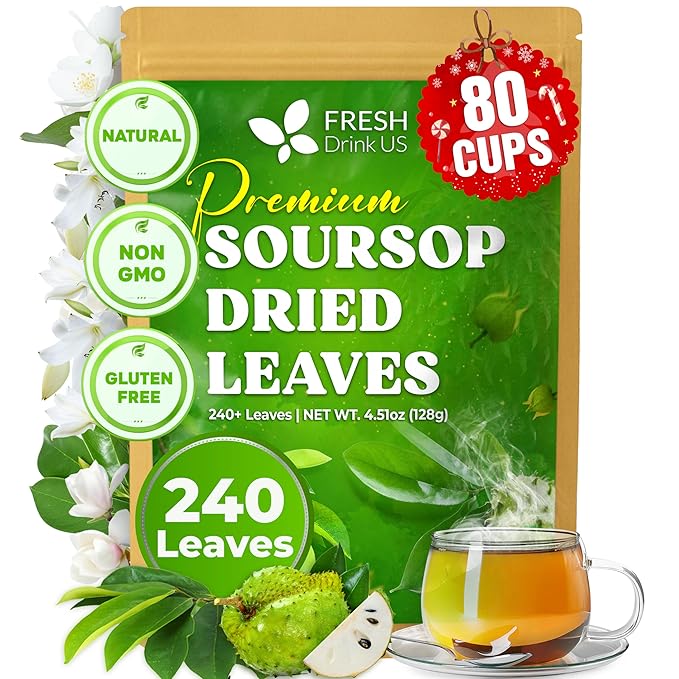 FreshDrinkUS, 240+ Premium Soursop Graviola Dried Leaves Tea, 230-250 Whole Soursop Leaves, Wildcrafted, Graviola , Guanabana , Hoja Guanabana, Loose Leaf Herbal , No Gluten, Vegan
