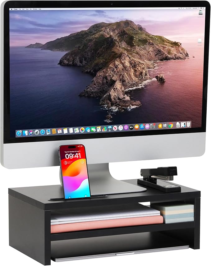 Mind Reader Monitor Stand with Phone Slot and Storage Shelf, Desktop Riser, 88 lb Capacity, MDF Wood, Black