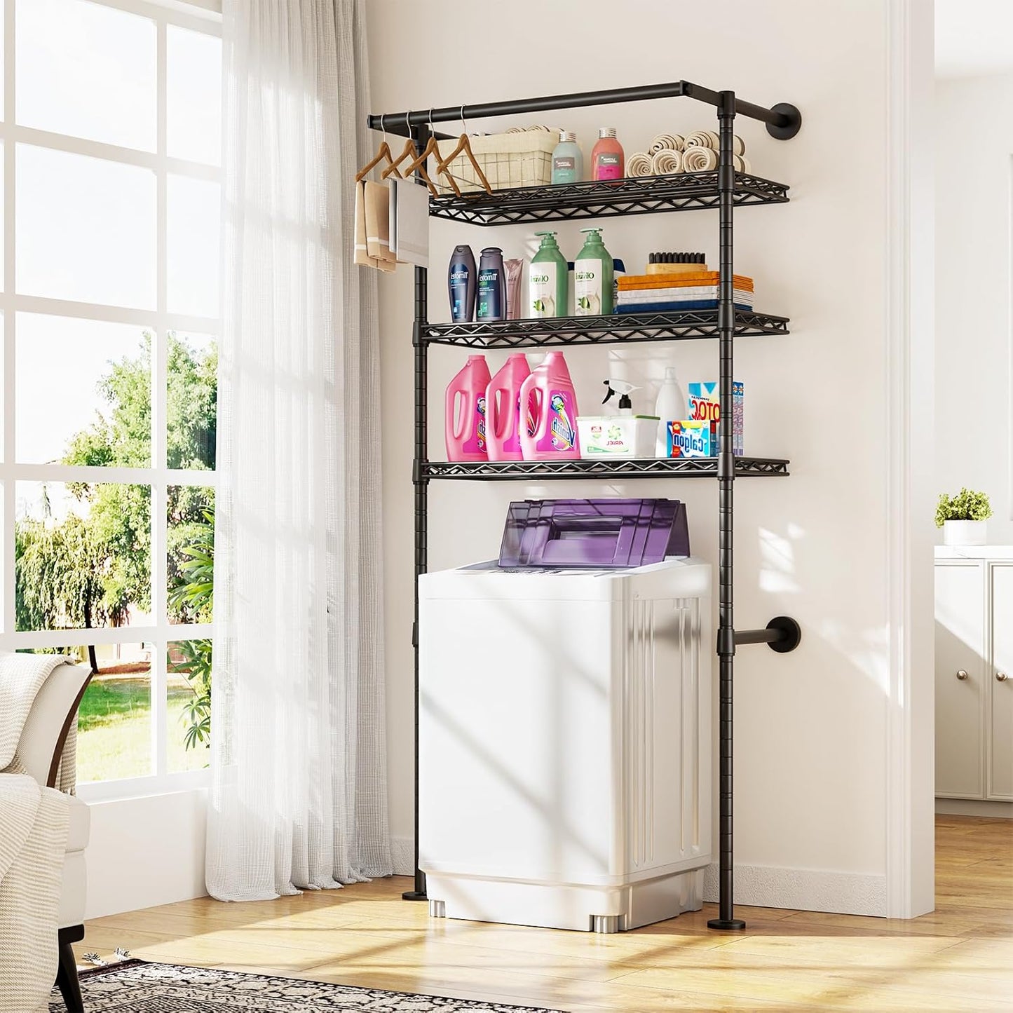 U17 Wall-Mounted Over Washer and Dryer Storage Shelves, Without Moving Washer or Dryer Laundry Room Storage Rack with Hanger Rod, 35" W x 22" D x 86.2" H, Holds 352 lbs, Black
