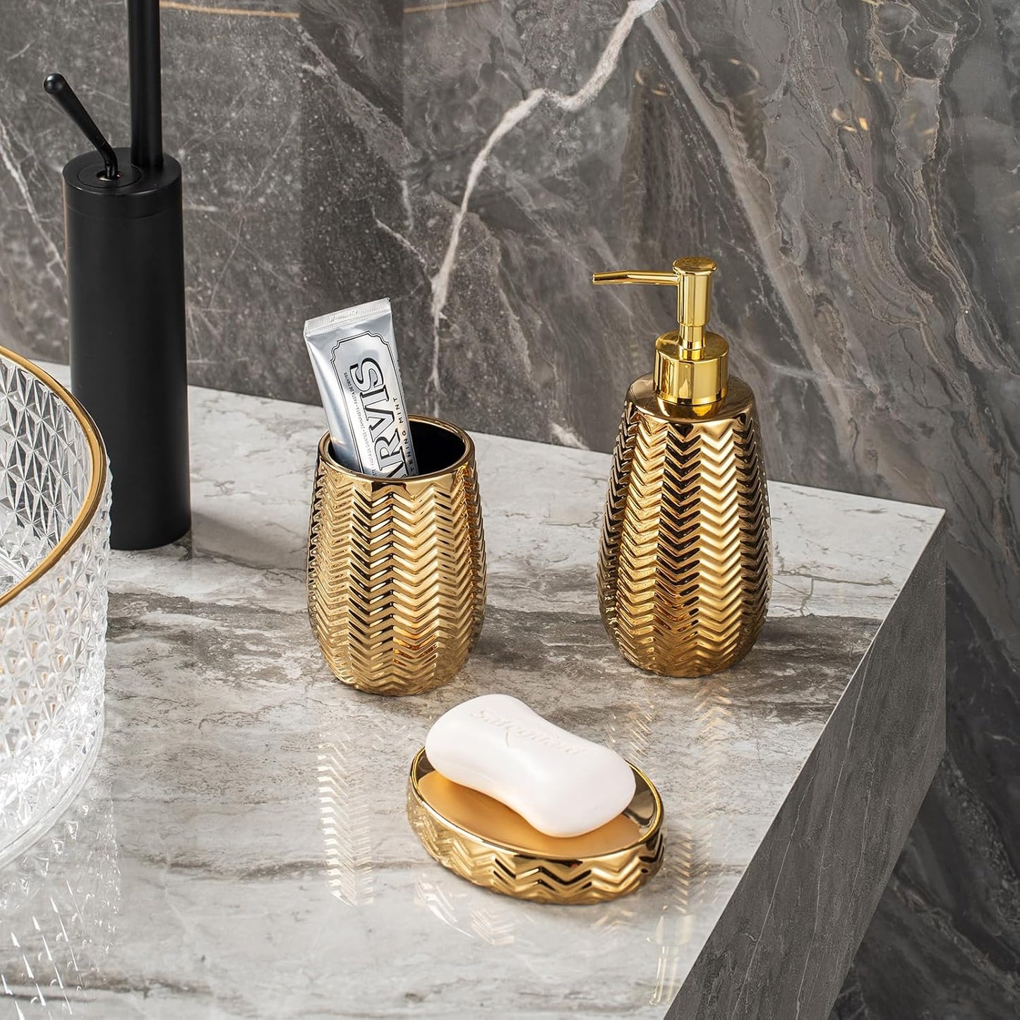 Gold Bathroom Accessories 3pcs Stylish Bathroom Accessories Set Gold Soap Dispenser Pump, Tumbler and Soap Dish Modern Decor Wavy Design Ceramic Bathroom Accessory Set