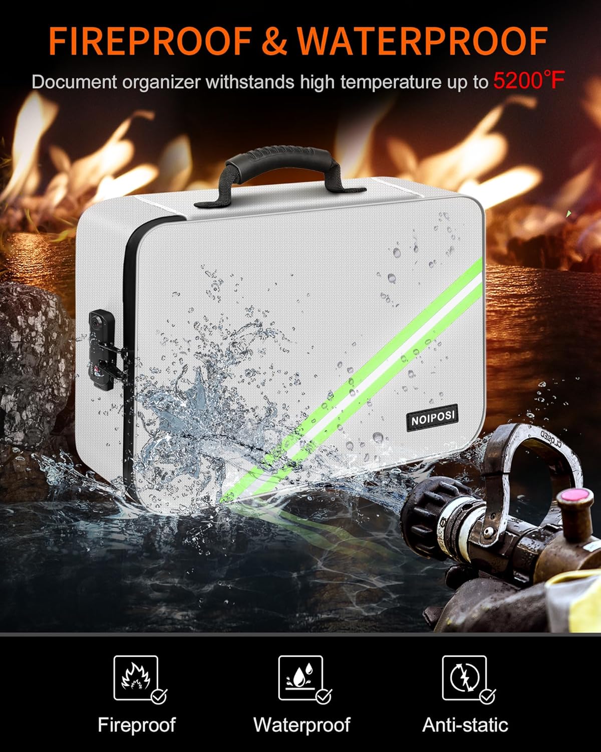 Noiposi Document Organizer with Lock,16.1"x11.4"x4.3" Waterproof and Fireproof Document Box,Portable Home Travel Safe Storage Box for Important Documents,File and Birth Certificate,Silver