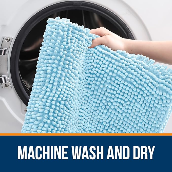 OLANLY Bathroom Rugs 36x24, Extra Soft Absorbent Chenille Bath Rugs, Rubber Backing Quick Dry, Machine Washable Bath Mats for Bathroom Floor, Tub and Shower, Home Decor Accessories, Sky Blue