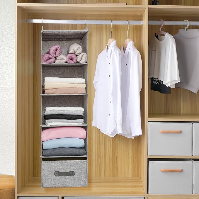 Large Hanging Sweater Organizer for Closet,Collapsible 6-Shelf Hanging Closet Shelves with Drawers, Washable (Grey-5 Shelf-1 d)