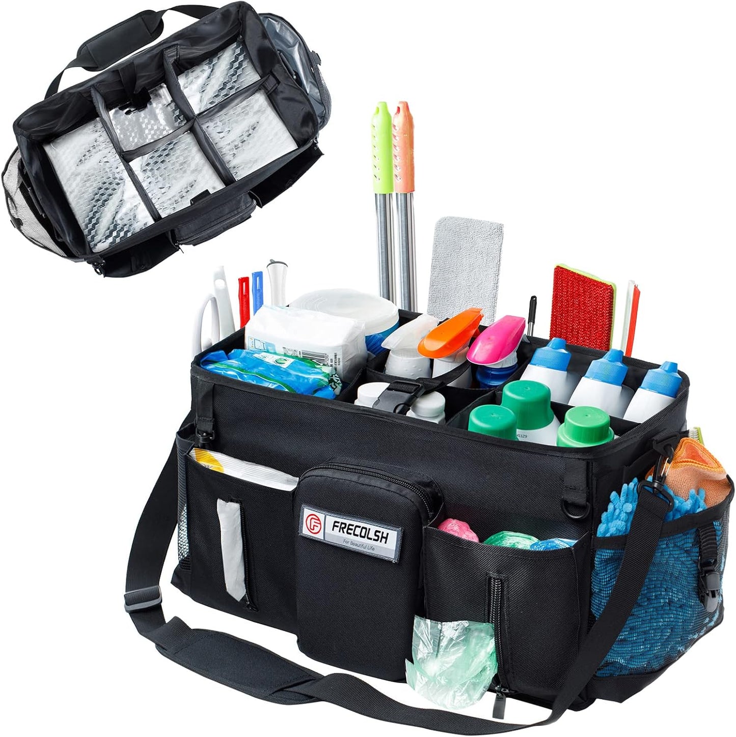 Large Cleaning Supplies Organizer-Cleaning Caddy Organizer With Handles & Shoulder Strap-Cleaning Bags for Cleaning Suppliers-Housekeepers Wearable Cleaning Tote Upgraded