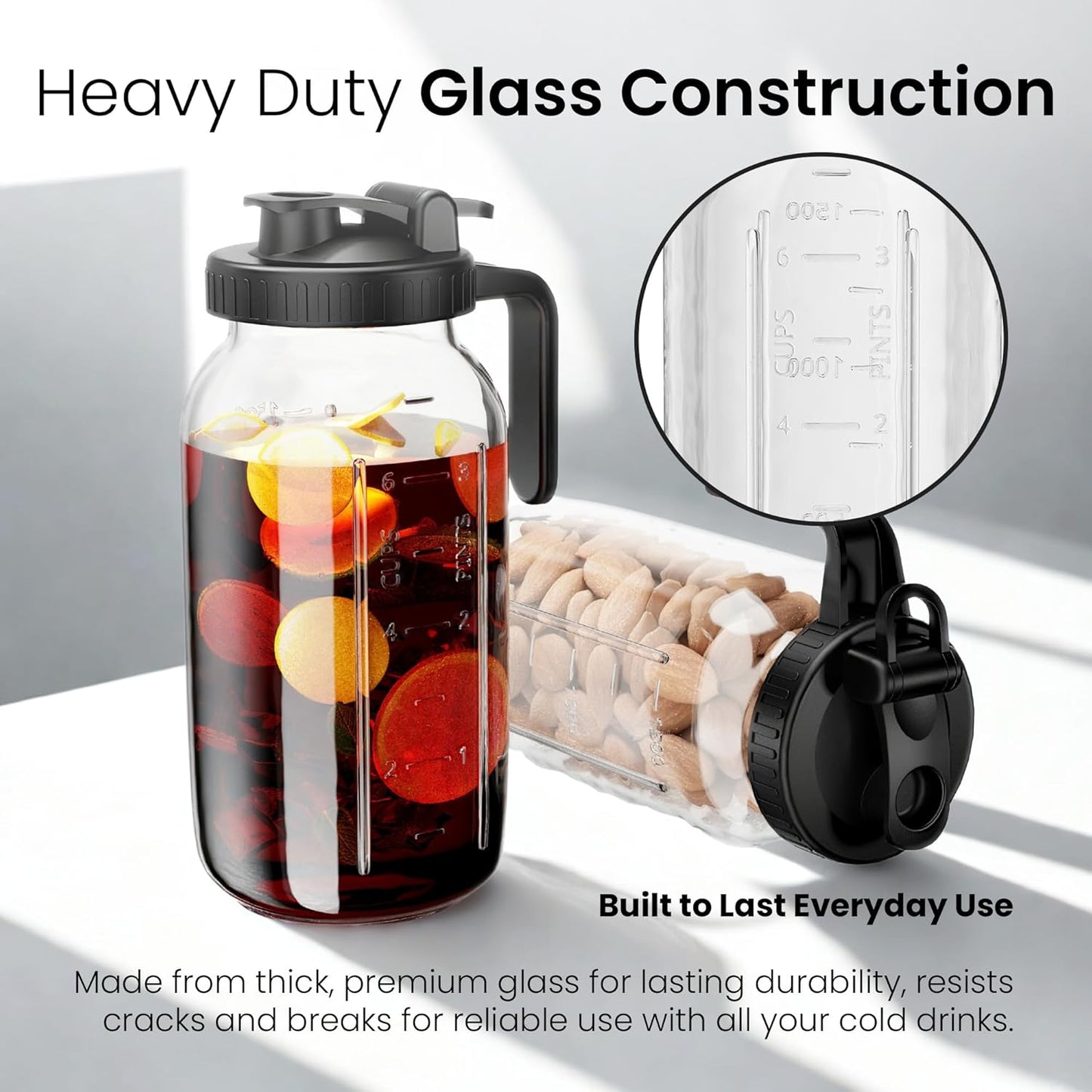 64oz Mason Jar Pitcher - Airtight & Leakproof Glass Pitchers with Handle and Lid, Perfect for Breastmilk, Cold Brew and Sun Tea for Outside,2 Quart Mason Jar with Pour Spout Lid,1/2 Gallon Water Jug