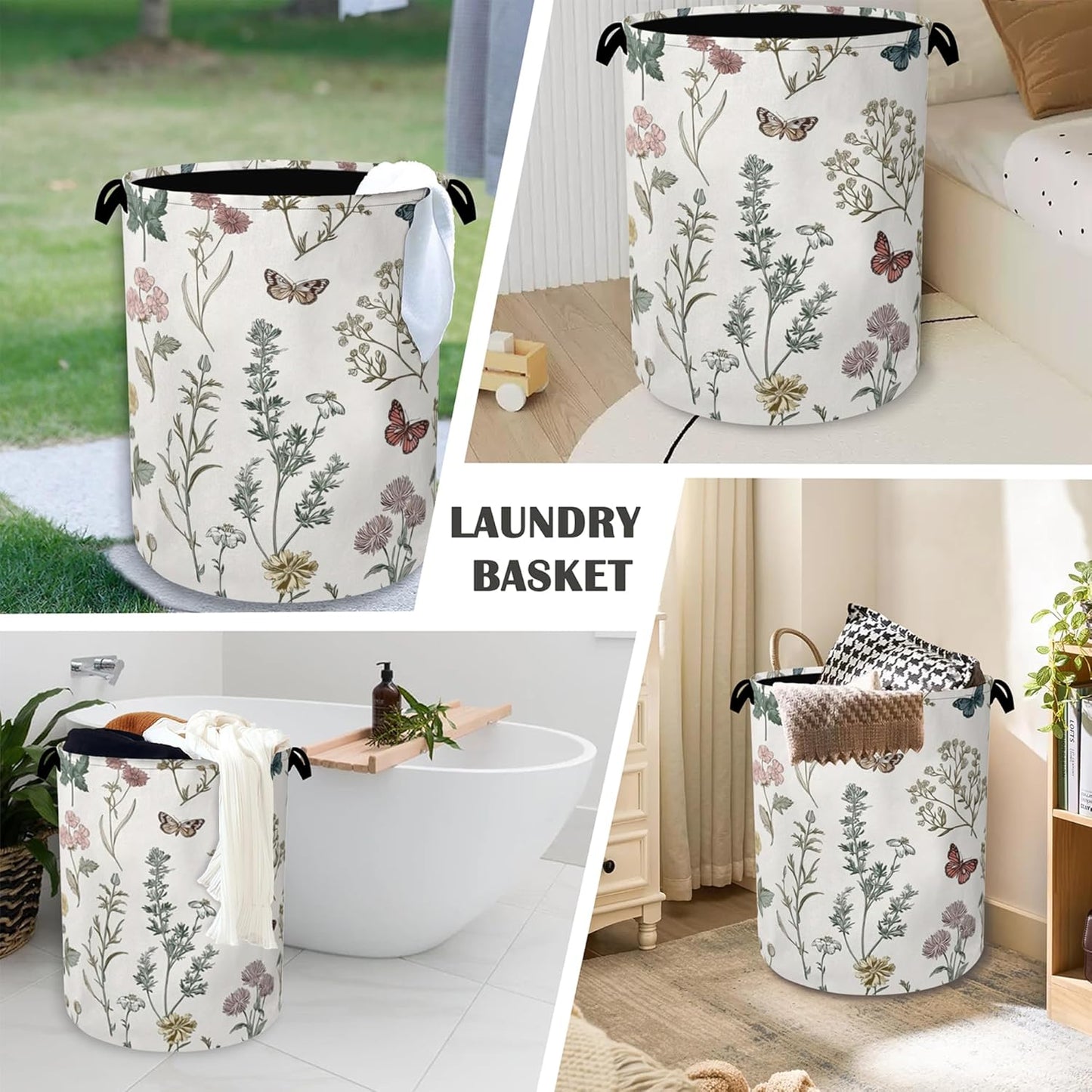 Wildflowers Butterfly Laundry Basket,Herb Plants Oxford Cloth Laundry Hamper with Handle Foldable Portable Clothes Storage Basket for Bathroom Bedroom Dorm Room 16" x 20.8"