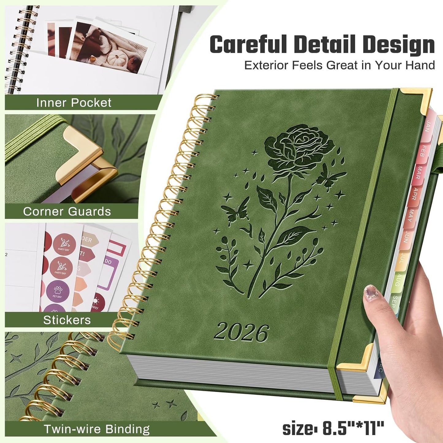 2026 Planner Hardcover Weekly & Monthly Calendar Planner for Women Jan 2026 - Dec 2026 8.5" x 11" Daily Agenda Book with Tabs Spiral Bound Inner Pocket Perfect for School Office, Green(Rose)