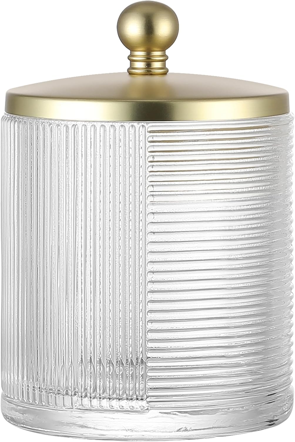 Clear Transparent Apothecary Ribbed Geometric Etched Glass Jar W/Gold Lid Cover for Bathroom Organization, Cotton Balls, Q Tips, and Small Accessories, Bathroom Storage