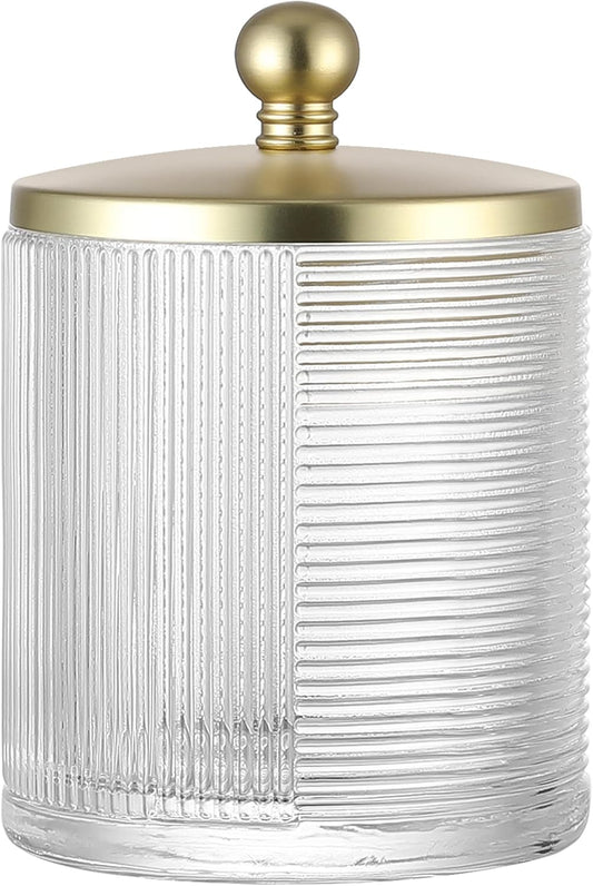Clear Transparent Apothecary Ribbed Geometric Etched Glass Jar W/Gold Lid Cover for Bathroom Organization, Cotton Balls, Q Tips, and Small Accessories, Bathroom Storage
