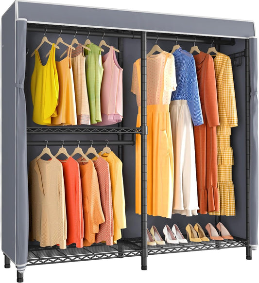 VIPEK V4C Garment Rack with Cover, Heavy Duty Portable Closet Adjustable Metal Clothing Rack for Hanging Clothes with Hanging Rods & Side Hooks, Max Load 810lbs, Black Rack with Grey Cover