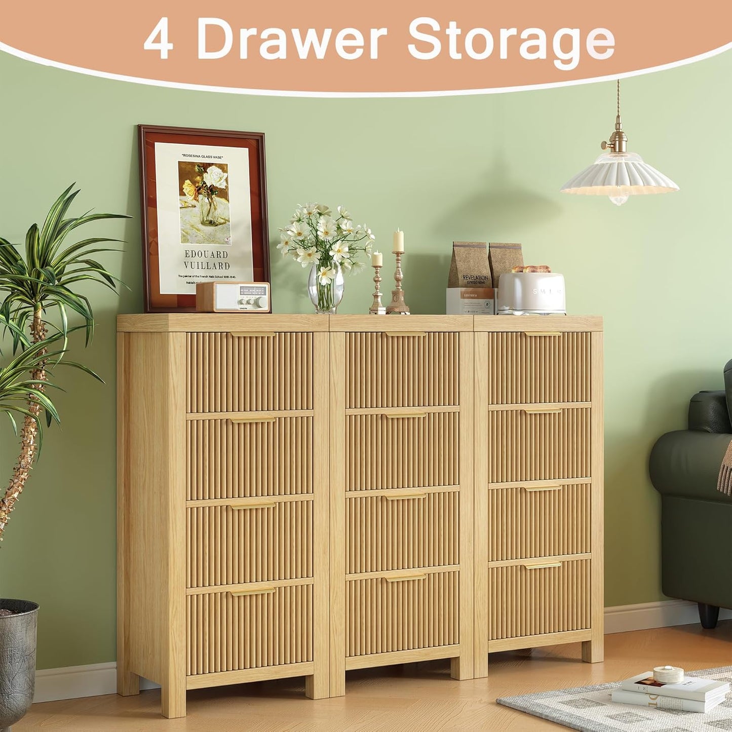 Mid-Century Modern Tall Wooden Dresser with 4 Spacious Drawers, Entryway Storage Chest with Smooth Metal Handles, Bedroom Clothes Organizer for Entryway, Office, and Small Spaces, Natural