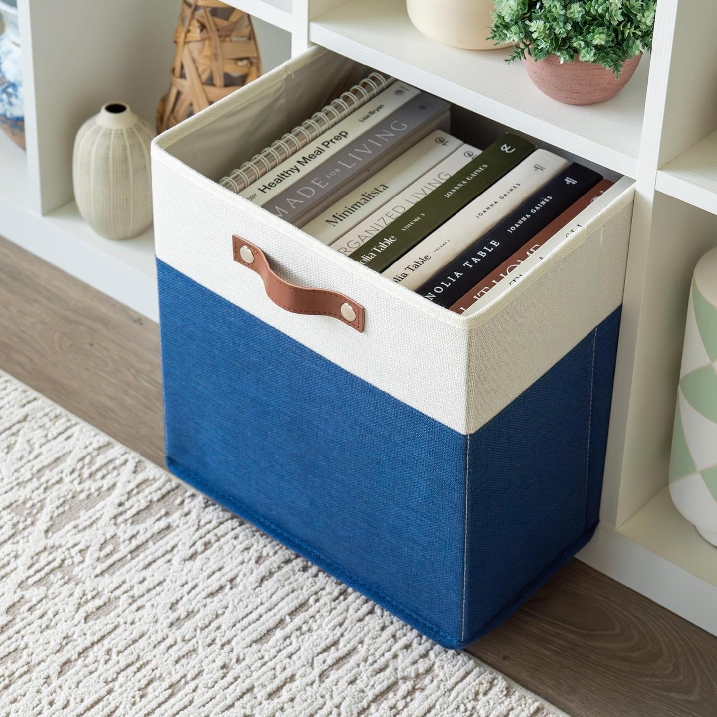 OrganiHaus 13" x 13" x 13" Cube Fabric Storage Bins Set of 4, Fabric Storage Cubes w/ Vegan Handles, 13 inch Collapsible Bins for Clothes & Toy Organizer, 13x13 Basket for Decor - Navy Blue