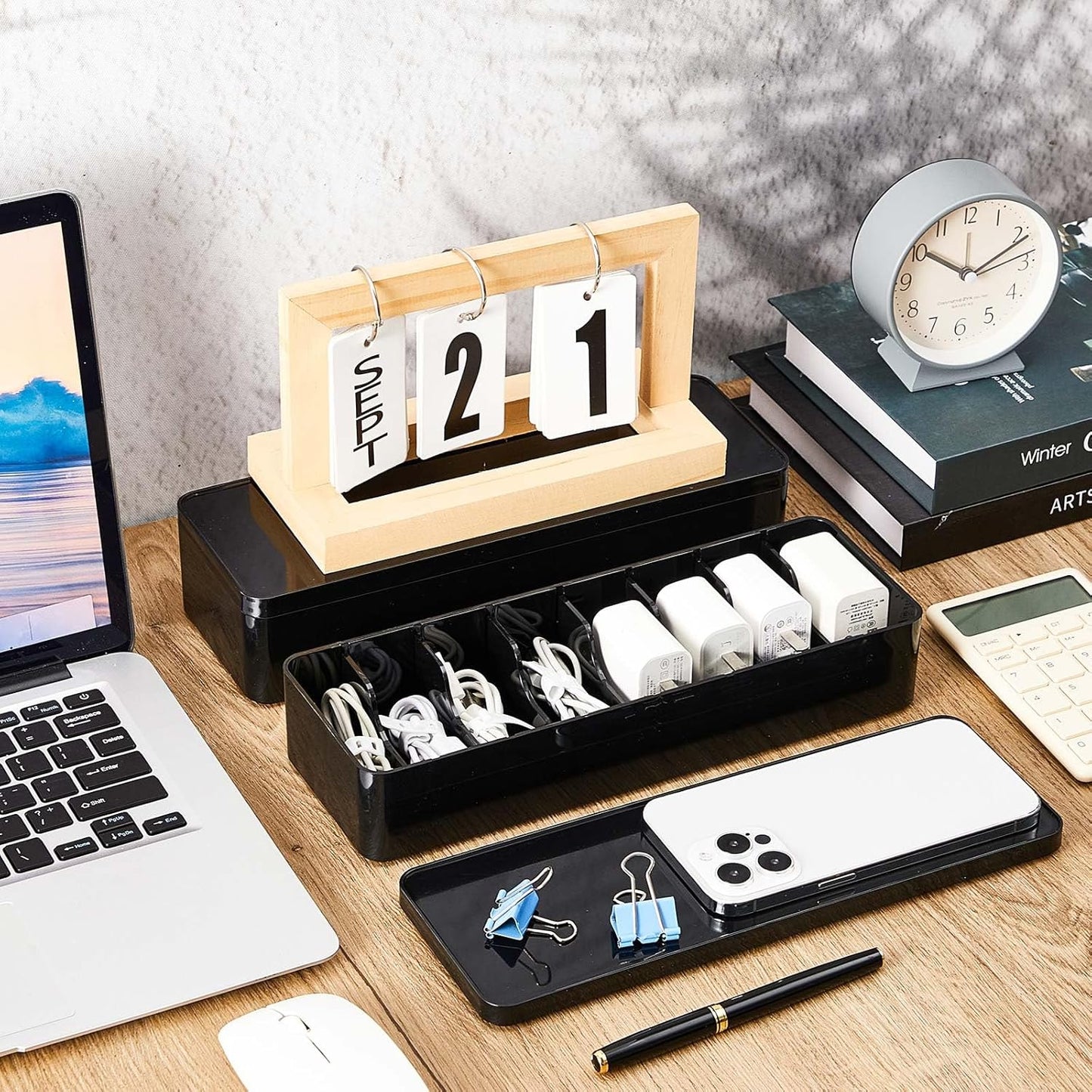 Tatuo 1 Pcs Cable Organizer Box with Wire Ties, Plastic Cord Storage Box with Lid, Electronics Organizer for Home Office Desk Organizers and Accessories (Black)