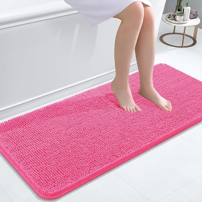 OLANLY Bathroom Rugs 47x20, Extra Soft Absorbent Chenille Bath Rugs, Rubber Backing Quick Dry, Machine Washable Bath Mats for Bathroom Floor, Tub and Shower, Home Decor Accessories, Hot Pink