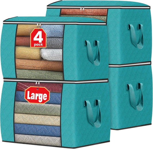 Fab totes 24 Gallons Clothes Storage, Foldable Thick Fabric Blanket Storage Bags, Containers for Organizing Bedroom, Closet, Clothing, Comforter, Organization with Handle (4 Pack,Green)
