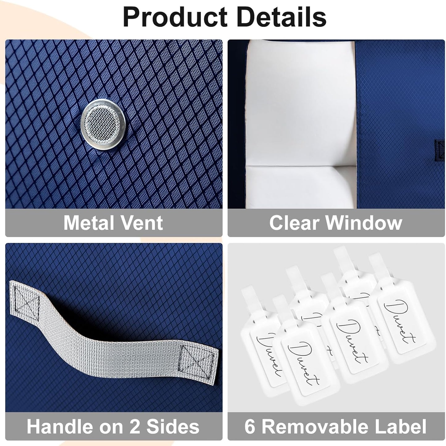 Comforter Storage Bag - 130L Blanket Storage Bags 3-Layer Ultra Space Saving Self Compression Organizer, Washable Compression Bags for Storage Comforter Blanket, 6-Pack, Navy Blue