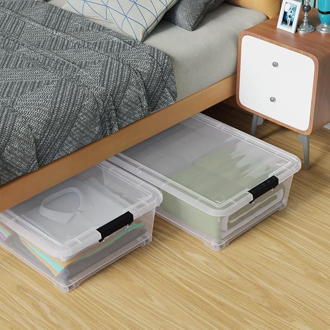 4 Pack Multipurpose 25 Qt Underbed Secure Latching Bin, Plastic Storage Container with Snap-On Lid and Wheels, Clear