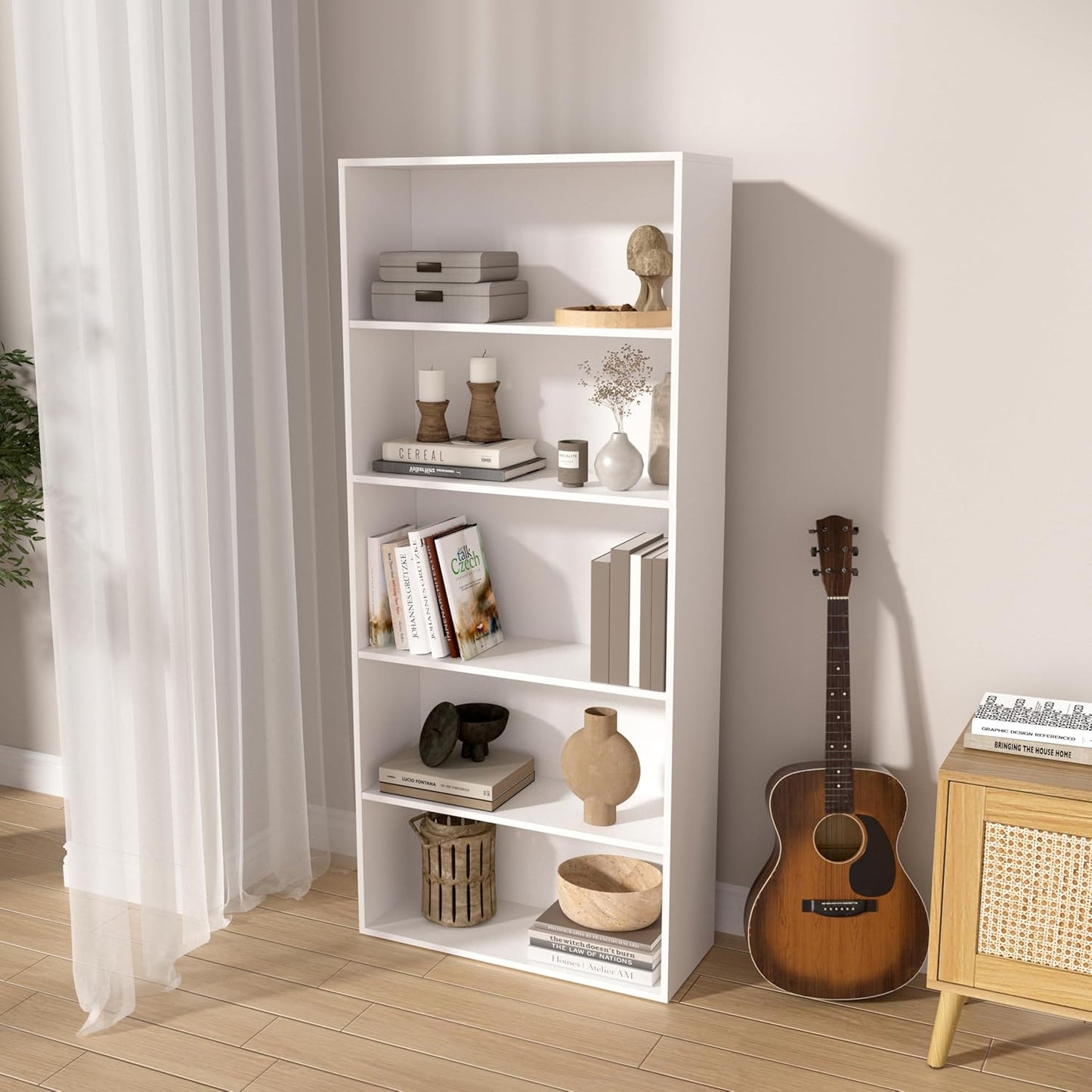 Wooden 5 Cube Storage Organizer,5 Tier Low Bookcase Storage Display Organizer, 54 Inch Versatile Cubes Shelf and Cubby Unit for Any Space (White, 5 Cube-W(23.6inch)