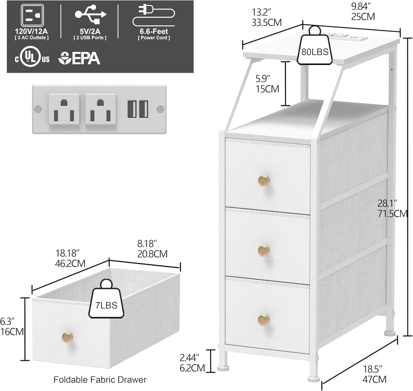 Tohomeor Narrow Dresser Tall Skinny Storage Tower Vertical Slim Chest of Drawers with Charging Station Small Nightstand Side Table for Bedroom, Bathroom, Small Spaces (White, 3 Drawers)