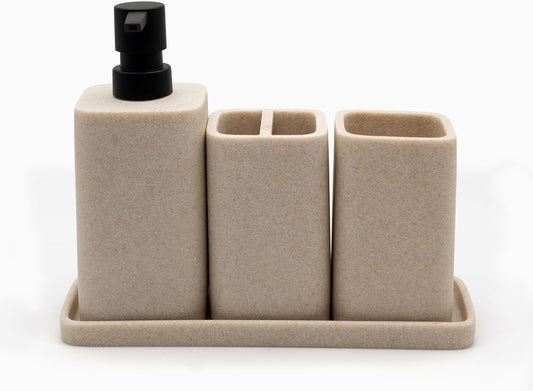 ZCCZ Beige Bathroom Accessory Sets, 4 Pieces Bathroom Accessories Complete Set Vanity Countertop Accessory Set, Includes Lotion Dispenser Soap Pump, Tumbler, Toothbrush Holder and Tray