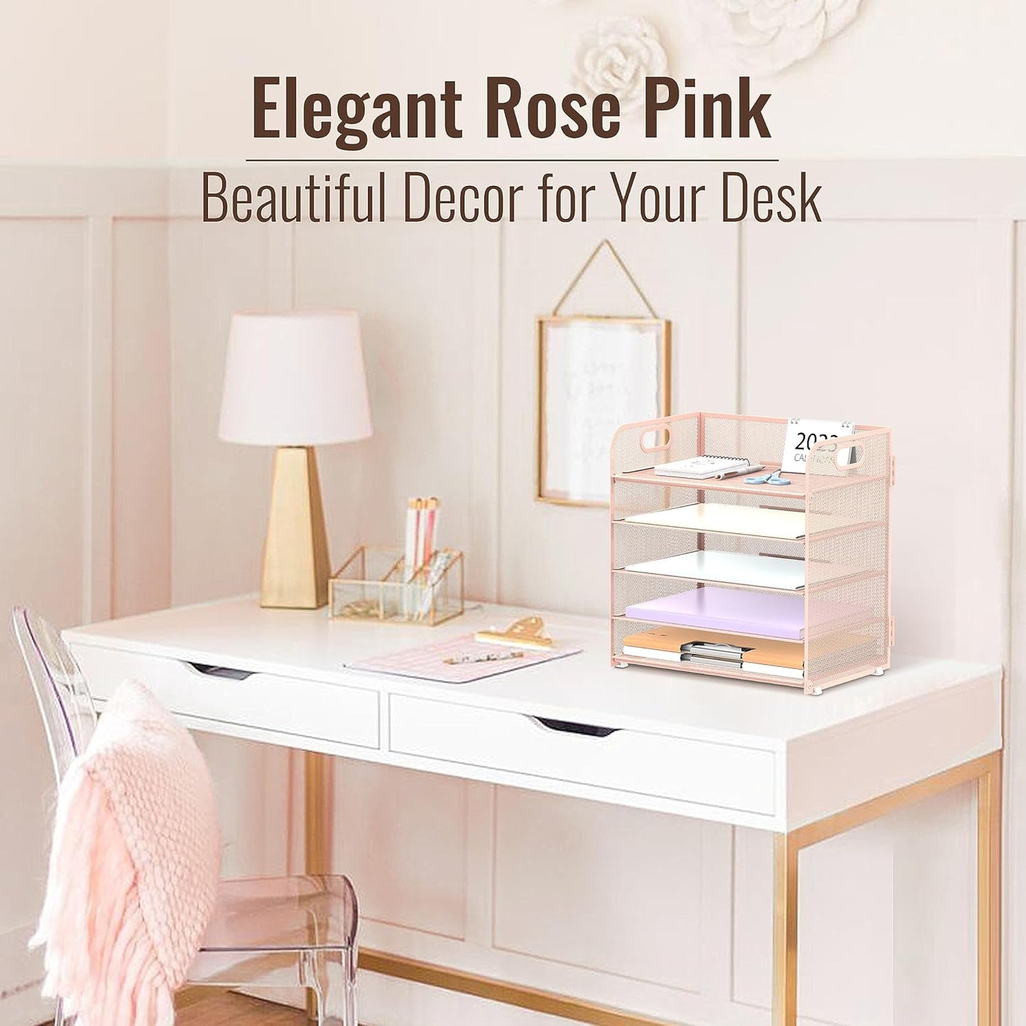 2 Pack 5-Tier Pink Desk Organizer with Handle Mesh Desk File/Paper Organizer Letter Tray for Office, School and Home Easy Installation