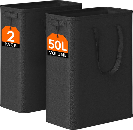 Lifewit 2 Pack Slim Laundry Hamper, Collapsible Narrow Laundry Basket, Small Tall Dirty Clothes Hampers with Handles for Bathroom Bedroom College Dorm, Black, 50L