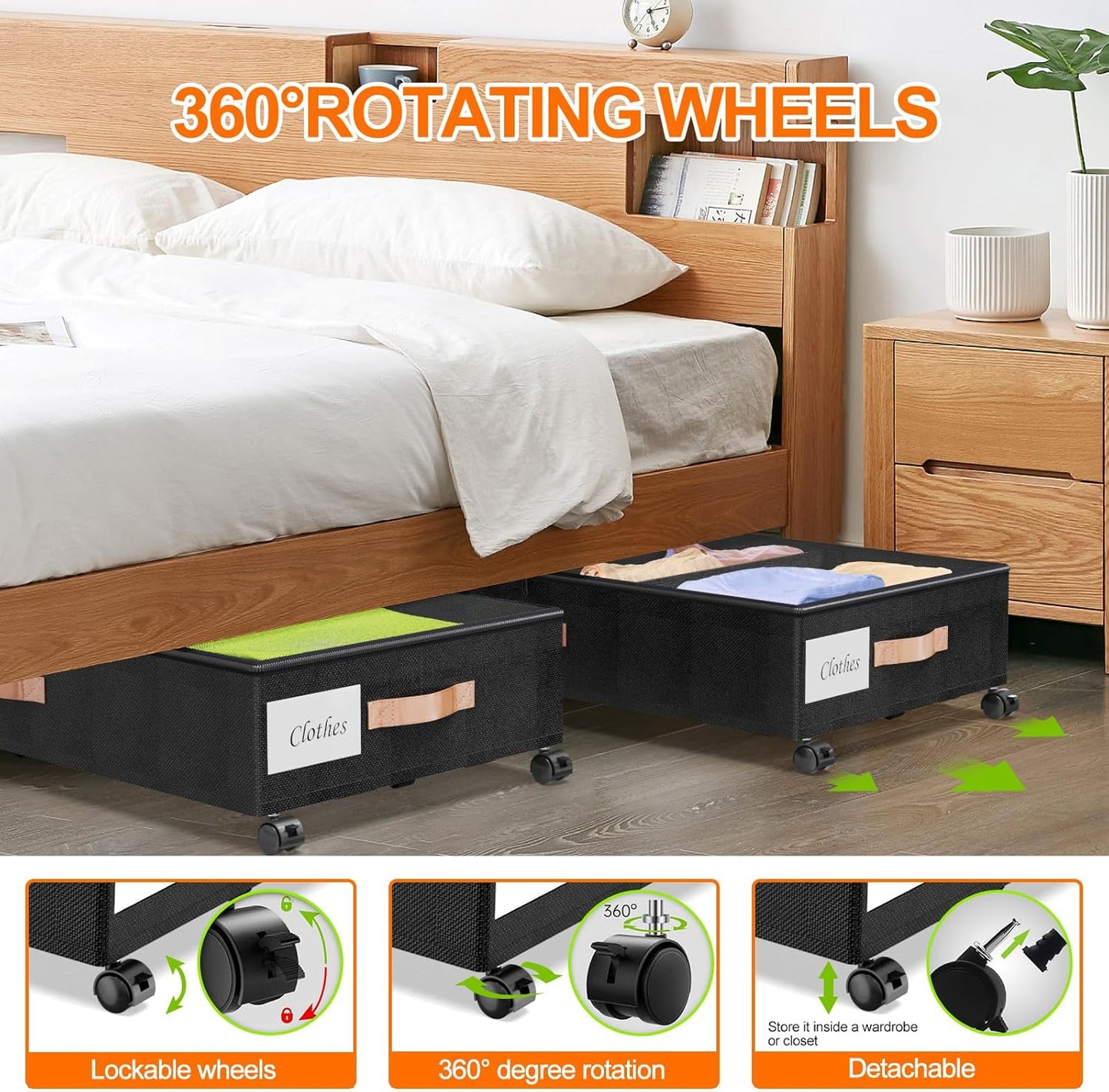 Under Bed Storage with Wheels, 4 Pack Under Bed Storage Container with Dividers & Clear Lids, Under the bed storage Organizer Bins,Underbed Storage with Wheels for Clothes,Toys,Shoes (Black)