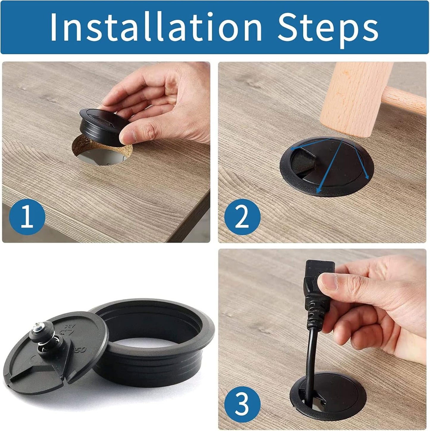 KATA 6-Pack Desk Grommet 2 Inch (50mm) Wire Cord Cable Desk Hole Cover with Bi-Metal Hole Saw Kit and Cord Wire Wrap Coiled Tube Sleeve Management, 2M Cable Sleeve Organizer