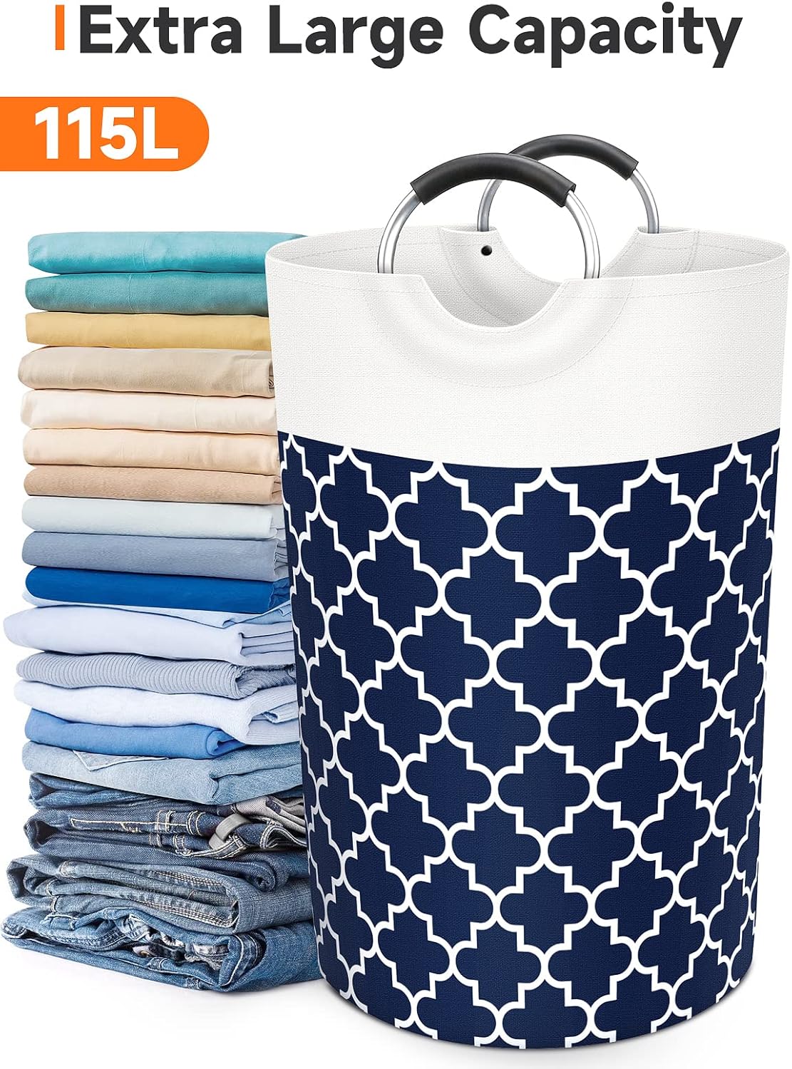 Large Laundry Basket Laundry Hamper Bag Washing Bin Clothes Bag Collapsible Tall with Handles Waterproof Travel Bathroom College Essentials Storage for College Dorm, Family (Blue) 115L