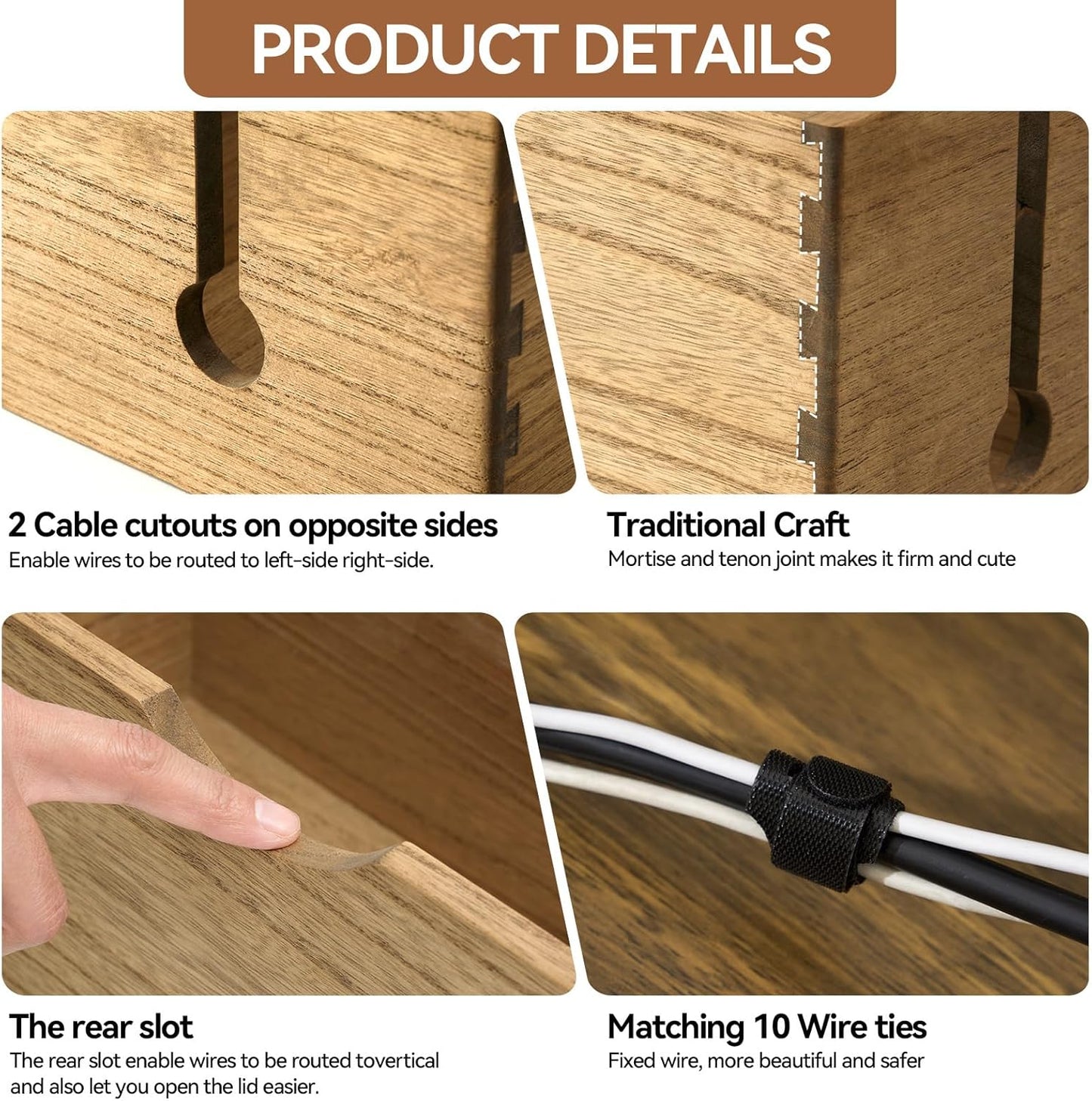 KIRIGEN Cable Management Box Wooden Cord Organizer Hide Power Strip Desk Wires Protector for Home Office TV Computer (DXH2T-DBR)