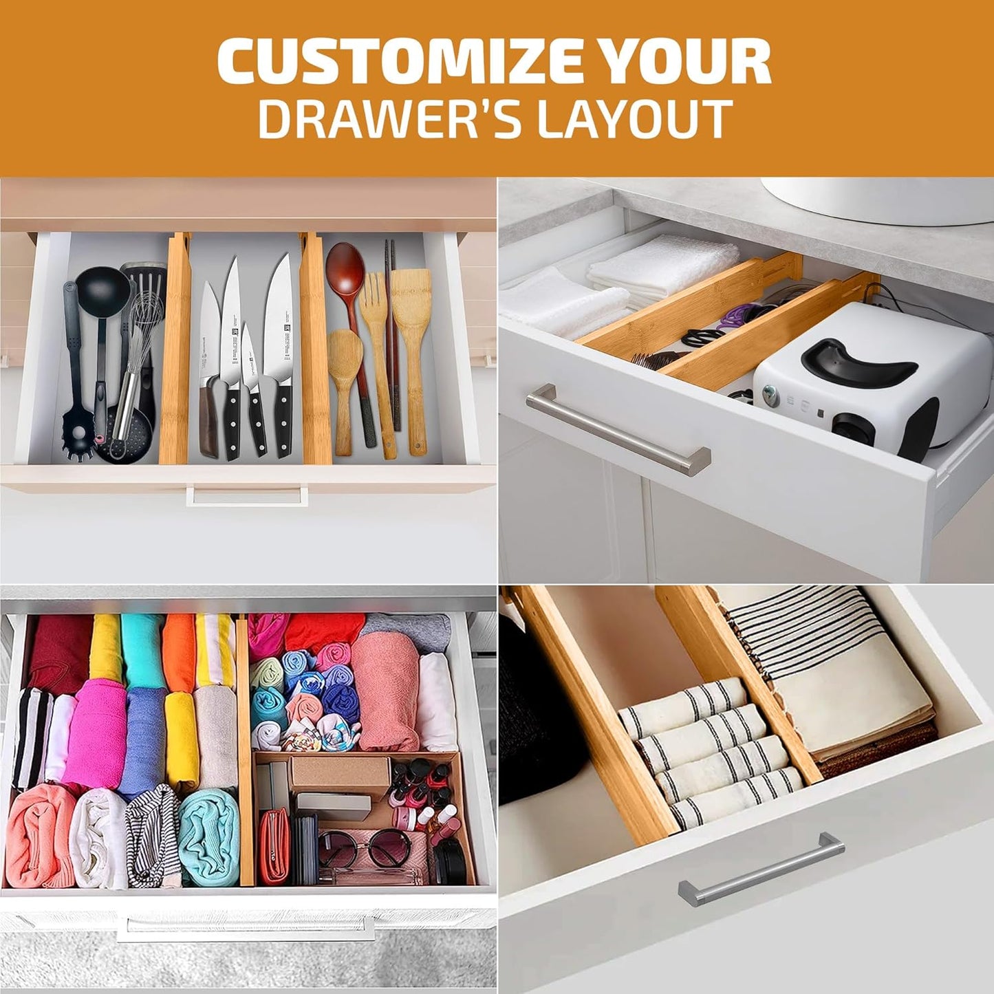 4 Pack Drawer Dividers Bamboo 2.6" High, 16-22" Adjustable Drawer Organizers for Clothes, Expandable Dresser Separators in Bedroom/Bathroom/Kitchen/Office Organization and Storage (Natural)