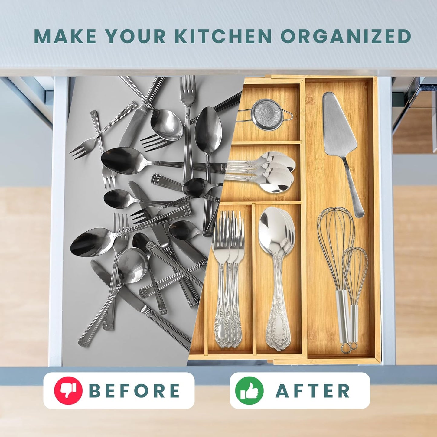 Sben Expandable Drawer Organizer for Utensils Holder, Adjustable Cutlery Tray, Wood Drawer Dividers Organizer for Silverware, Flatware, Knives for Kitchen (Bamboo)